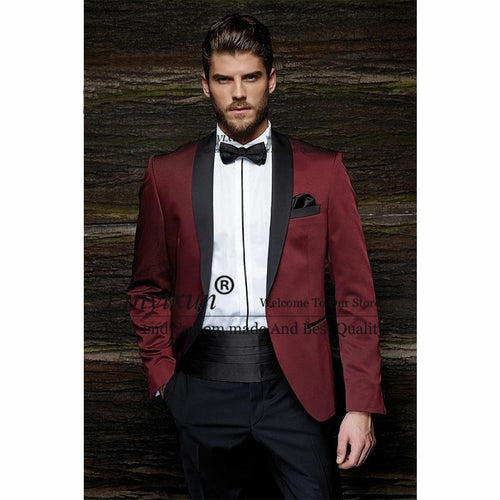 Burgundy Satin Groom Tuxedos Blazer Black Pants Groom Men's Wedding Prom Suits Wedding Men Suit (Jacket+Pants+Bow tie)