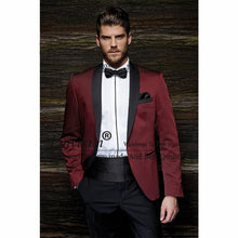 Load image into Gallery viewer, Burgundy Satin Groom Tuxedos Blazer Black Pants Groom Men&#39;s Wedding Prom Suits Wedding Men Suit (Jacket+Pants+Bow tie)