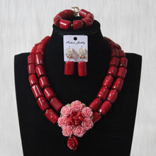 Load image into Gallery viewer, Red Coral Beads Jewelry Set With Pink Flowers 2 Layers Necklace Earrings Set For Bridal Women Free Shipping Jewellery Set Dubai