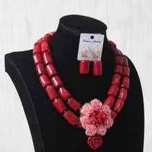 Load image into Gallery viewer, Red Coral Beads Jewelry Set With Pink Flowers 2 Layers Necklace Earrings Set For Bridal Women Free Shipping Jewellery Set Dubai