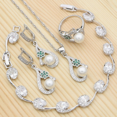 Silver 925 Bridal Jewelry Sets For Women White Pearl Green Cubic Zirconia Necklace/Earrings/Bracelet/Pendant/Ring