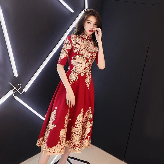 Dark Red Party Evening Long Cheongsam Retro Slim Dress Marriage Gown Chinese Style Wedding Qipao Lady Clothes Vestido XS-XXXL