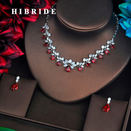 HIBRIDE Brilliant Red Cubic Zirconia Bridal Jewelry Sets For Women Pendant Set Dress Accessories Necklace Set Party Gifts N-582