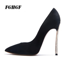 Load image into Gallery viewer, Spring new suede high-top heels with pearl-set slim heels and sexy shallow women&#39;s single shoes with 12cm high heels size 33-43