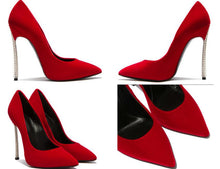 Load image into Gallery viewer, Spring new suede high-top heels with pearl-set slim heels and sexy shallow women&#39;s single shoes with 12cm high heels size 33-43
