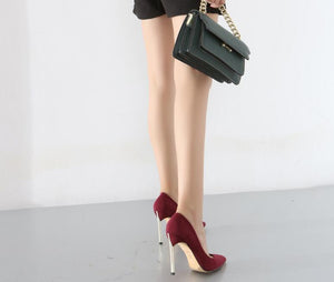 Spring new suede high-top heels with pearl-set slim heels and sexy shallow women's single shoes with 12cm high heels size 33-43
