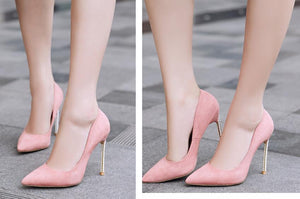 Spring new suede high-top heels with pearl-set slim heels and sexy shallow women's single shoes with 12cm high heels size 33-43