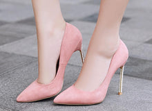 Load image into Gallery viewer, Spring new suede high-top heels with pearl-set slim heels and sexy shallow women&#39;s single shoes with 12cm high heels size 33-43