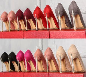 Spring new suede high-top heels with pearl-set slim heels and sexy shallow women's single shoes with 12cm high heels size 33-43