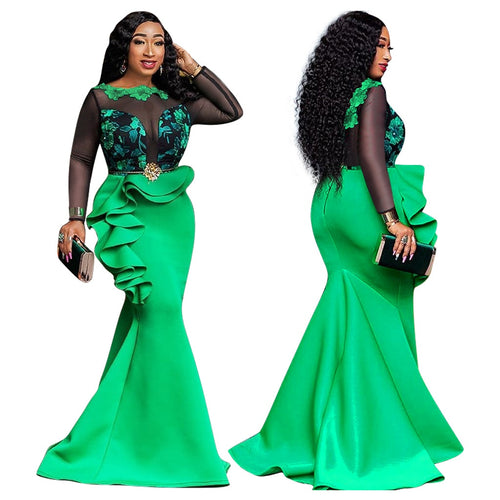 African Plus Size Bodycon Long Party Mermaid Christmas Dress Ladies Sexy Mesh Ruffles Women Robe Wedding Evening Maxi Dresses