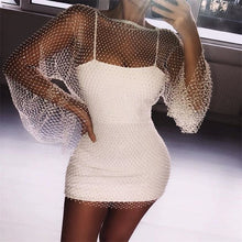 Load image into Gallery viewer, Summer Sexy Sequin Mesh Patchwork Dress Women Crochet Hollow Out Rhinestone Long Sleeve Party Club See Through Wrap Mini Dresses