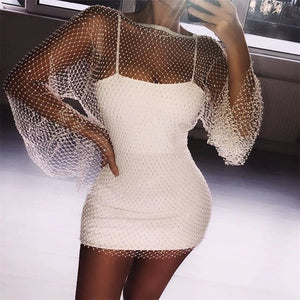 Summer Sexy Sequin Mesh Patchwork Dress Women Crochet Hollow Out Rhinestone Long Sleeve Party Club See Through Wrap Mini Dresses