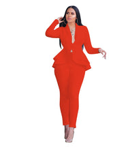 Load image into Gallery viewer, White Blazer 2 Piece Set Women Winter Work Wear Full Sleeve Ruffles Blazers Pencil Pants Suit Two Piece Set Office Lady Outfits