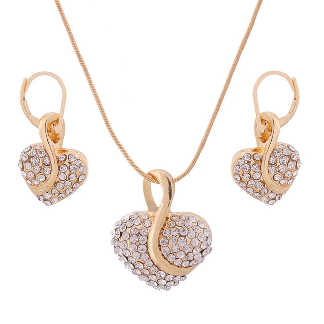 Free shipping Fashion Jewelry Luxury Gold-color Romantic Austrian Crystal heart shape Chain Necklace Earrings Jewelry Sets