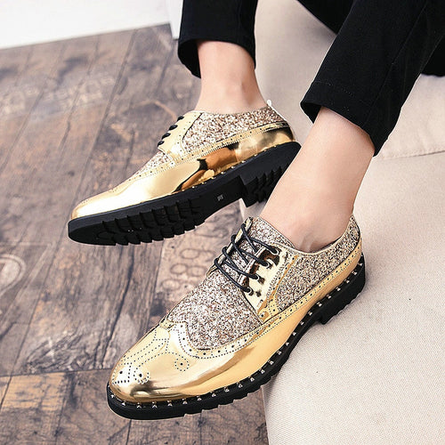 fashion men footwear leather shoes Men Dress Shoes wedding business Bullock Designer black Gold Oxfords Bling Bling LE-47