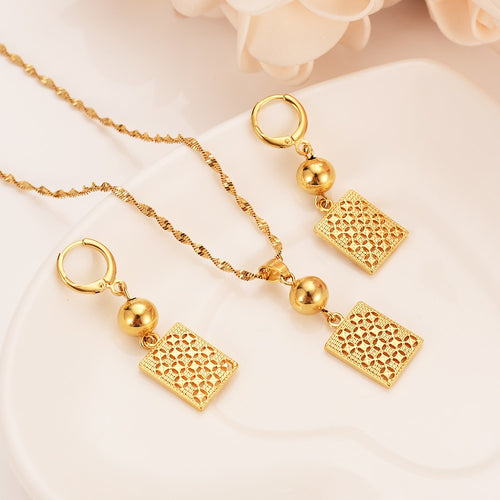 Gold Dubai indiaVintage African Beads Jewelry Sets for Women Fashion Square Charms Necklace Earrings Wedding Jewelry Sets Gift