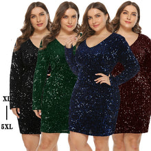 Load image into Gallery viewer, Glitter Dress Plus Size Women Long Sleeves V Neck Sequin Dress Blue Black Green Big Size Club Clubwear Oversized Dresses 4xl 5xl