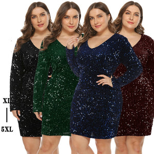 Glitter Dress Plus Size Women Long Sleeves V Neck Sequin Dress Blue Black Green Big Size Club Clubwear Oversized Dresses 4xl 5xl