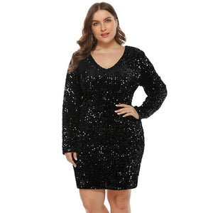 Glitter Dress Plus Size Women Long Sleeves V Neck Sequin Dress Blue Black Green Big Size Club Clubwear Oversized Dresses 4xl 5xl