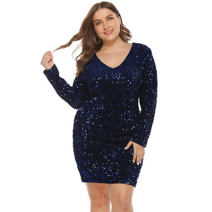 Glitter Dress Plus Size Women Long Sleeves V Neck Sequin Dress Blue Black Green Big Size Club Clubwear Oversized Dresses 4xl 5xl