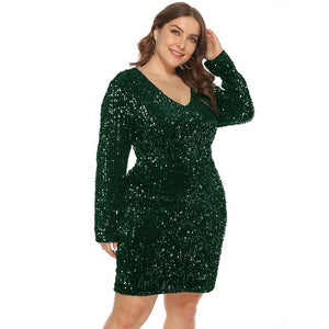 Glitter Dress Plus Size Women Long Sleeves V Neck Sequin Dress Blue Black Green Big Size Club Clubwear Oversized Dresses 4xl 5xl