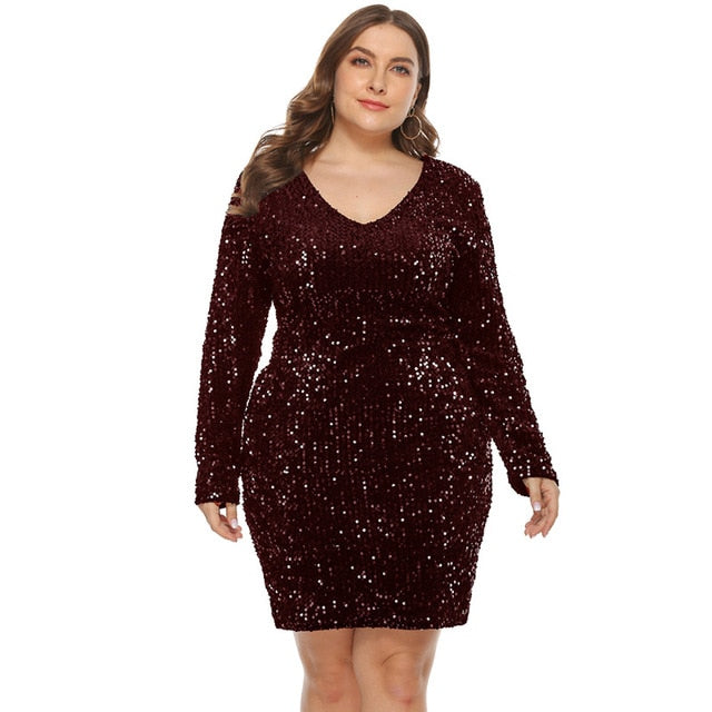 Glitter Dress Plus Size Women Long Sleeves V Neck Sequin Dress Blue Black Green Big Size Club Clubwear Oversized Dresses 4xl 5xl