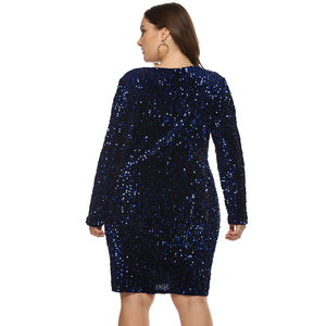 Glitter Dress Plus Size Women Long Sleeves V Neck Sequin Dress Blue Black Green Big Size Club Clubwear Oversized Dresses 4xl 5xl