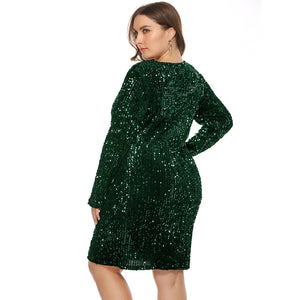 Glitter Dress Plus Size Women Long Sleeves V Neck Sequin Dress Blue Black Green Big Size Club Clubwear Oversized Dresses 4xl 5xl