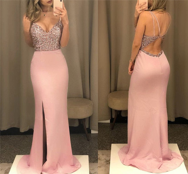 Fashion Women Sequins Spaghetti Strap Backless High Slit Maxi Dress Bodycon Gown Bodycon Party Ball Gown Formal Dress