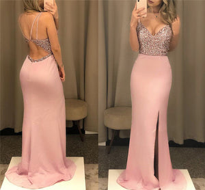 Fashion Women Sequins Spaghetti Strap Backless High Slit Maxi Dress Bodycon Gown Bodycon Party Ball Gown Formal Dress