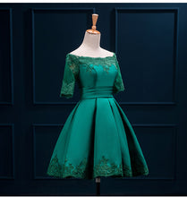 Load image into Gallery viewer, Fashion Dark Green/Blue Party Dresses Short Cheap VOLALO Dress Scalloped Satin Lace-Up Built-In Bra Sexy Evening Party Gowns