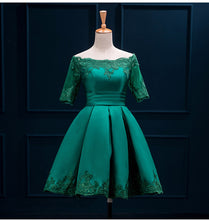 Load image into Gallery viewer, Fashion Dark Green/Blue Party Dresses Short Cheap VOLALO Dress Scalloped Satin Lace-Up Built-In Bra Sexy Evening Party Gowns