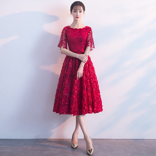 Dark Red Womens Wedding Party Dress O-Neck Evening Cheongsam Oriental Elegant Lace Qipao Long Gowns Retro Vestido XS-XXXL