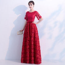 Load image into Gallery viewer, Dark Red Womens Wedding Party Dress O-Neck Evening Cheongsam Oriental Elegant Lace Qipao Long Gowns Retro Vestido XS-XXXL