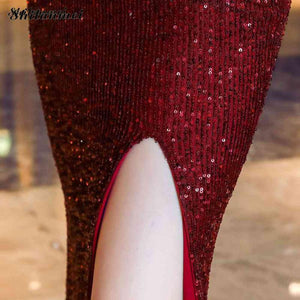 One Shoulder Evening Party Dress Long Sleeve Sequin Dresses Women Floor-Lenght Retro Bodycon Dress Side Slit Ball Gowns Vestidos