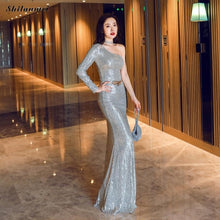 Load image into Gallery viewer, One Shoulder Evening Party Dress Long Sleeve Sequin Dresses Women Floor-Lenght Retro Bodycon Dress Side Slit Ball Gowns Vestidos