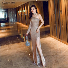 Load image into Gallery viewer, One Shoulder Evening Party Dress Long Sleeve Sequin Dresses Women Floor-Lenght Retro Bodycon Dress Side Slit Ball Gowns Vestidos