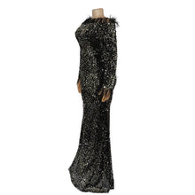 Load image into Gallery viewer, African Black Shiny Sequin Evening Party Dress with Feather Sexy Off Shoulder Floor Length Women Long Sleeve Pencil Maxi Dress