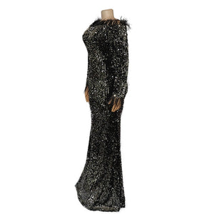 African Black Shiny Sequin Evening Party Dress with Feather Sexy Off Shoulder Floor Length Women Long Sleeve Pencil Maxi Dress