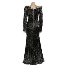 Load image into Gallery viewer, African Black Shiny Sequin Evening Party Dress with Feather Sexy Off Shoulder Floor Length Women Long Sleeve Pencil Maxi Dress