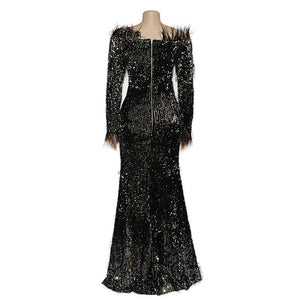 African Black Shiny Sequin Evening Party Dress with Feather Sexy Off Shoulder Floor Length Women Long Sleeve Pencil Maxi Dress