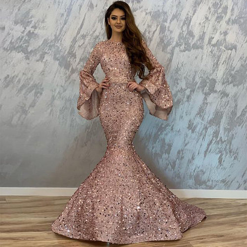 Bling Sparkly Sequins Mermaid Evening Gown Formal Dress Puffy Long Sleeves Robe de soiree Dusty Pink 2020 Prom Party Dresses