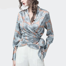 Load image into Gallery viewer, Satin Ladies Blouse Elegant Rich Peony Flowers Printed V-Neck Long Sleeve Top Blouses With Belt Plus Size Autumn Lady Cardigan