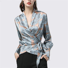 Load image into Gallery viewer, Satin Ladies Blouse Elegant Rich Peony Flowers Printed V-Neck Long Sleeve Top Blouses With Belt Plus Size Autumn Lady Cardigan