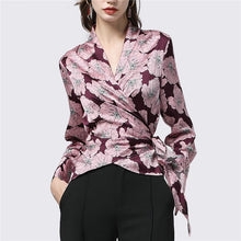 Load image into Gallery viewer, Satin Ladies Blouse Elegant Rich Peony Flowers Printed V-Neck Long Sleeve Top Blouses With Belt Plus Size Autumn Lady Cardigan