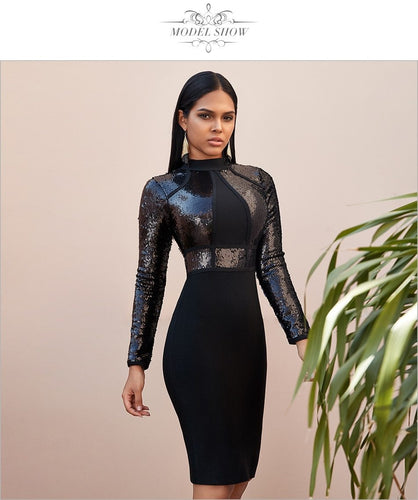 Adyce 2020 New Winter Sequined Long Sleeve Bandage Dress Sexy Bodycon Club Black Celebrity Evening Runway Party Dresses Vestidos