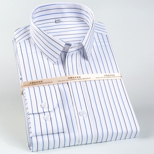 Men's Classic Long Sleeve Non-Iron Striped Shirts Casual Standard-fit Formal Business Work Social 100% Cotton Basic Dress Shirt