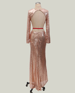 Elegant Long Rose Gold Sequin Evening Party Dress Vestido De Festa Robe Long Sleeve Gowns Formal Party Dress Reflective Dress