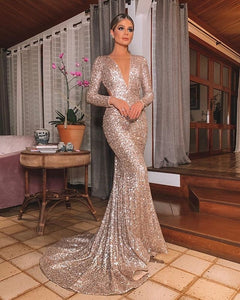 Elegant Long Rose Gold Sequin Evening Party Dress Vestido De Festa Robe Long Sleeve Gowns Formal Party Dress Reflective Dress