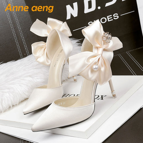 2019 New Summer Women Sandals High Thin Heel Pointed Toe Pearl Buttuerfly-Knot Sweet Bridal Wedding Women Shoes Gold High Heels